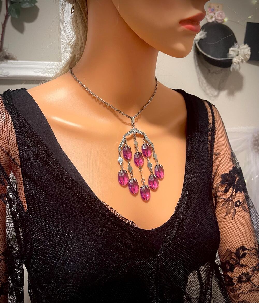 Vintage SARAH COVENTRY Purple Wisteria Chandelier Pendant Necklace, Stamped